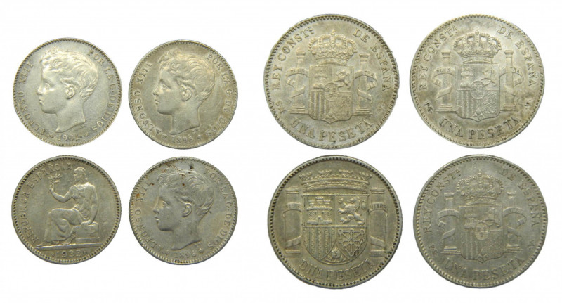 Lote 4 monedas 1 peseta. Alfonso XIII y República. 1896x2. 1901, 1933. Ar
MBC