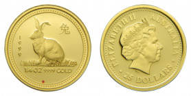 AUSTRALIA 1999. 25 dólares. Elisabeth II. Año del Conejo. 7,75 gr Au 999. (km#427). En cápsula original.
PROOF