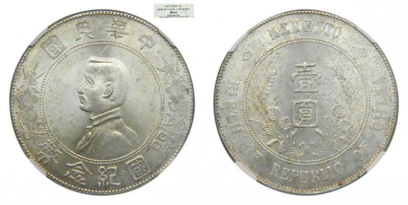 CHINA 1927. Dollar. (yuan) Memento. Sun Yat-sen (Y-318A.1) (L&M-49) NGC MS62 (33...