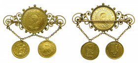 COSTA RICA. 1846-1849-1851. Broche compuesto por 3 monedas 1 y 1/2 escudo. Resello America Central. (el escudo en aro no golgada). Peso total 11,05 gr...