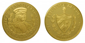 CUBA 1990. 100 pesos (km#303). 31,1 gr Au Proof. 1 oz. 500 th anniversary Discovery of America. Fernando el Católico. Acuñación de 250 piezas. Rara.
...
