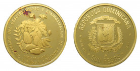 DOMINICANA REPUBLICA 1991. 500 pesos (km#85) 16,96 gr. Au 917. V centenario del descubrimiento y evangelización de América. Leve manchita.
PROOF