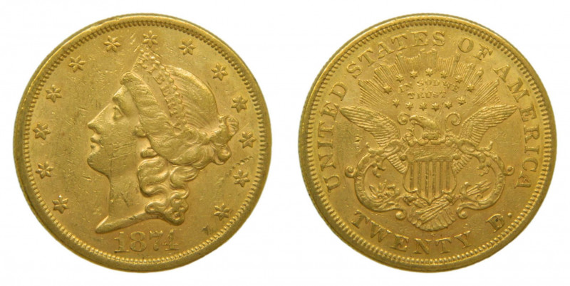 ESTADOS UNIDOS 1874. S San Francisco. 20 dólares. (km#74.2) 33,45 gr Au. Marquit...
