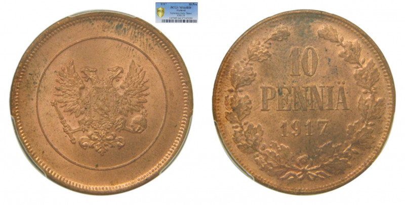 FINLANDIA. 1917. 10 Pennia. (km#18).FINLAND. PCGS MS64. Kerenski gov. Issue. 
M...