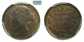 GRAN BRETAÑA.1/3 Farthing 1885 (km#750) Victoria. PCGS MS64 RB. PCGS encapsula como 1/4 D. 
MS64