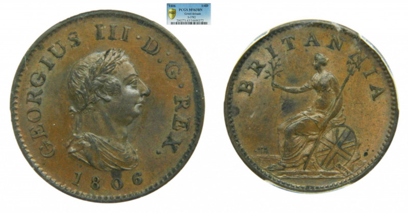 GRAN BRETAÑA. Farthing. 1806. (Km#661). Georgius III. BRITANNIA. Cobre. Bonito t...