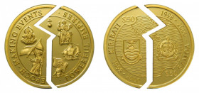 KIRIBATI 2000. 50 Dólares. 7,96 gr Au. Emisión privada. Sólo 1500 unidades acuñadas. Moneda en dos fragmentos. 
PROOF