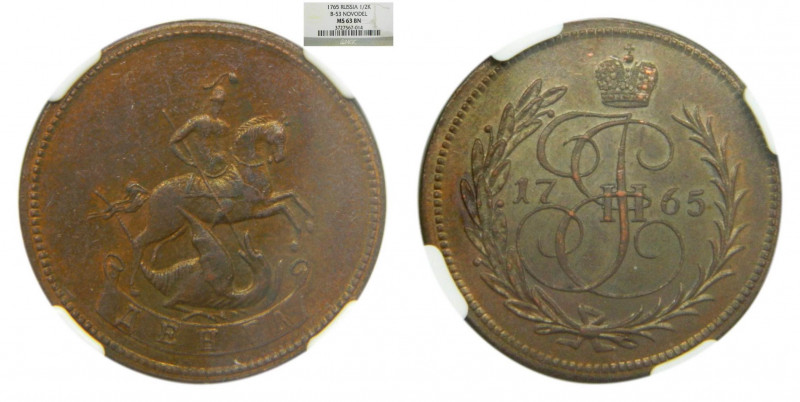 RUSIA 1765. 1/2 kopek ( denga). NOVODEL. Catalina II. B-53 NGC MS63 BN. (3727567...