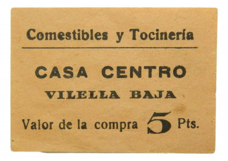 Vilella Baixa (Priorat). Comestibles y Tocinería Casa Centro. 5 Pesetas. LL-no. ...