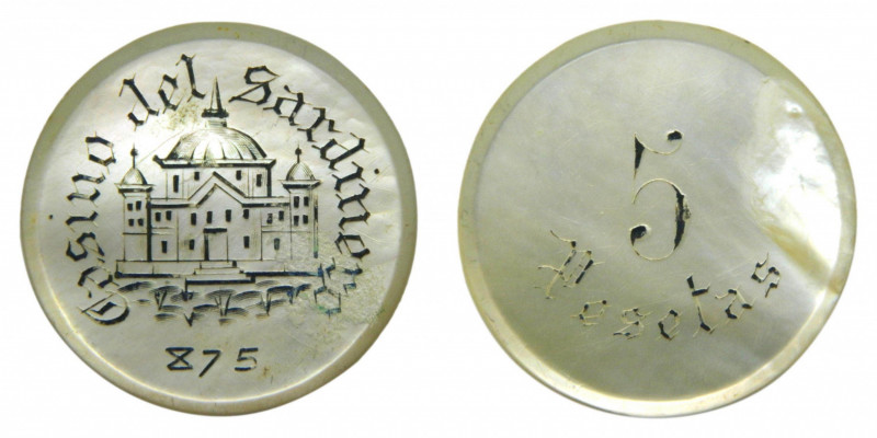 CANTABRIA. Santander. Casino del Sardinero. 5 Pesetas. Ficha de nácar. Muy Rara....