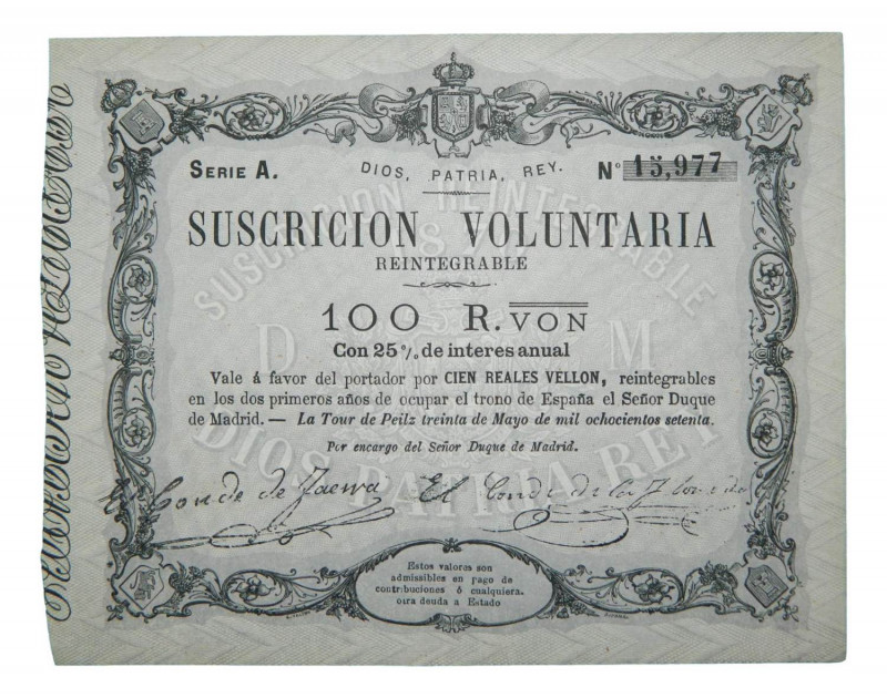 Carlos VII, Pretendiente 1870. La Tour de Peilz. 100 reales de vellón. (Ed. A205...