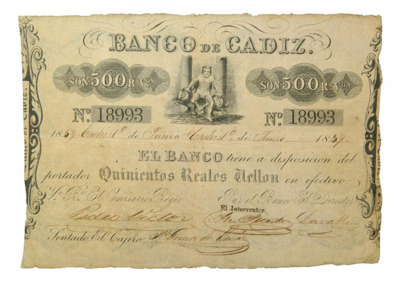 Banco de Cádiz Junio de 1859. 500 Reales de Vellón. ED-A68. 
MBC