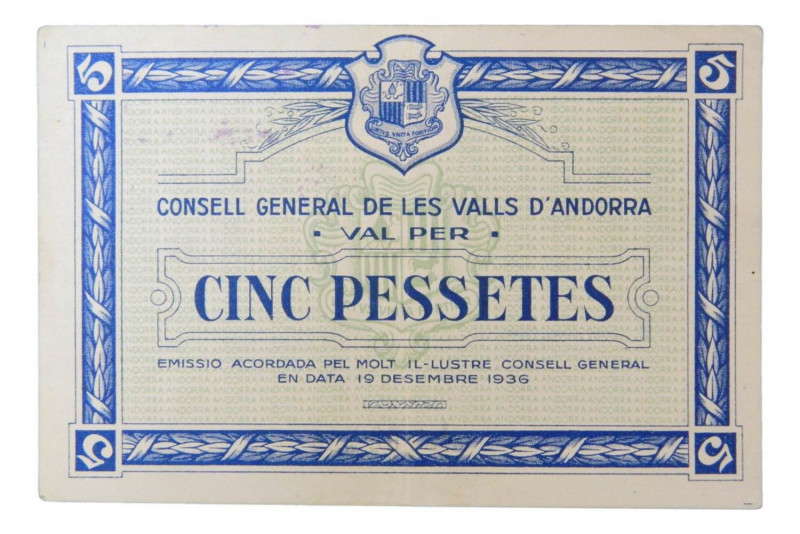 ANDORRA. 5 pesetas 1936. Emisión azul. (T3) Muy raro.
MBC+