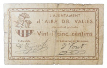 Catalunya. Ajuntament d´Alba del Vallès. 25 cèntims. 1937. AT-52. Rotura. Algunas reparadas con cinta adhesiva. Muy escaso. 
BC+