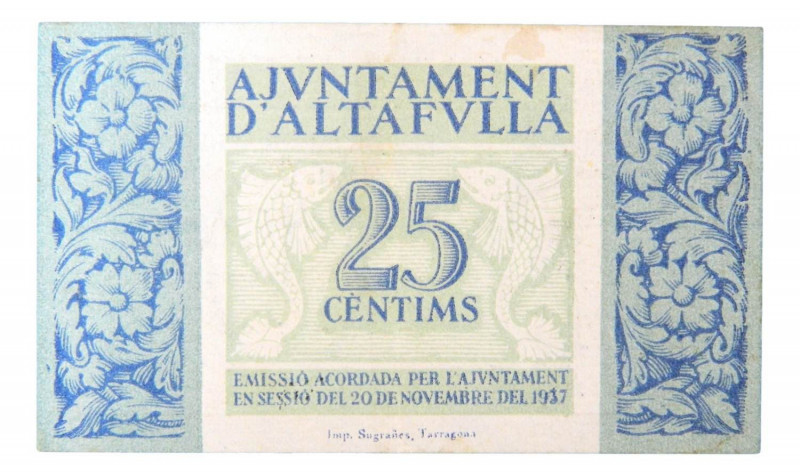 Catalunya. Ajuntament d´Altafulla. 25 cèntims. 20 de Novembre 1937. AT-135. Pequ...