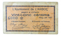 Catalunya. Ajuntament de L´Arboç. 25 cèntims. Maig 1937. AT-170. Manchitas. 
MBC-