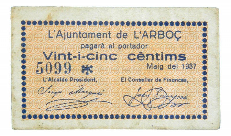 Catalunya. Ajuntament de l´Arboç. 25 céntims. Maig 1937. AT-171. 
EBC-