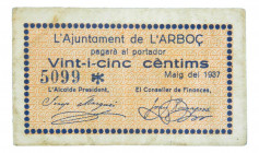 Catalunya. Ajuntament de l´Arboç. 25 céntims. Maig 1937. AT-171. 
EBC-