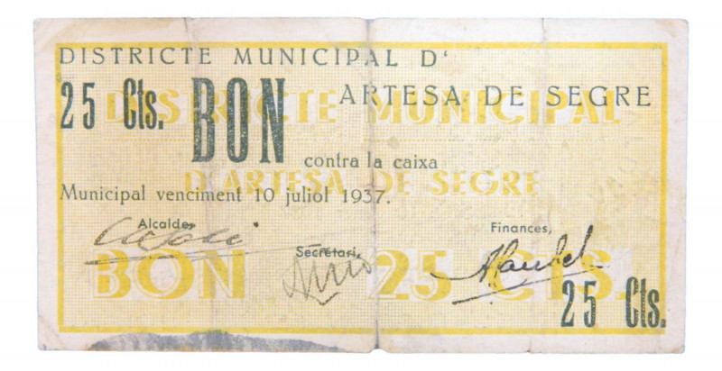 Catalunya. Districte Municipal d´Artesa de Segre. 25 céntims. 10 gener 1937. AT-...