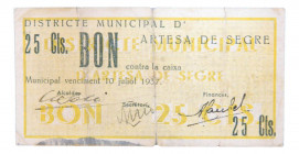 Catalunya. Districte Municipal d´Artesa de Segre. 25 céntims. 10 gener 1937. AT-234. Manchas de tinta en margen inferior y pequeñas roturas. 
MBC-