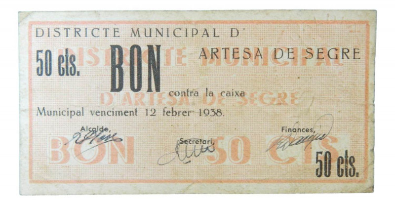 Catalunya. Districte municipal d´Artesa de Segre. 50 cèntims. 12 juliol 1937. AT...