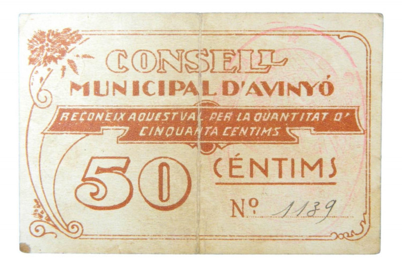 Catalunya. Consell Municipal d´Avinyó. 50 cèntims. AT-251. Muy escaso. 
MBC+