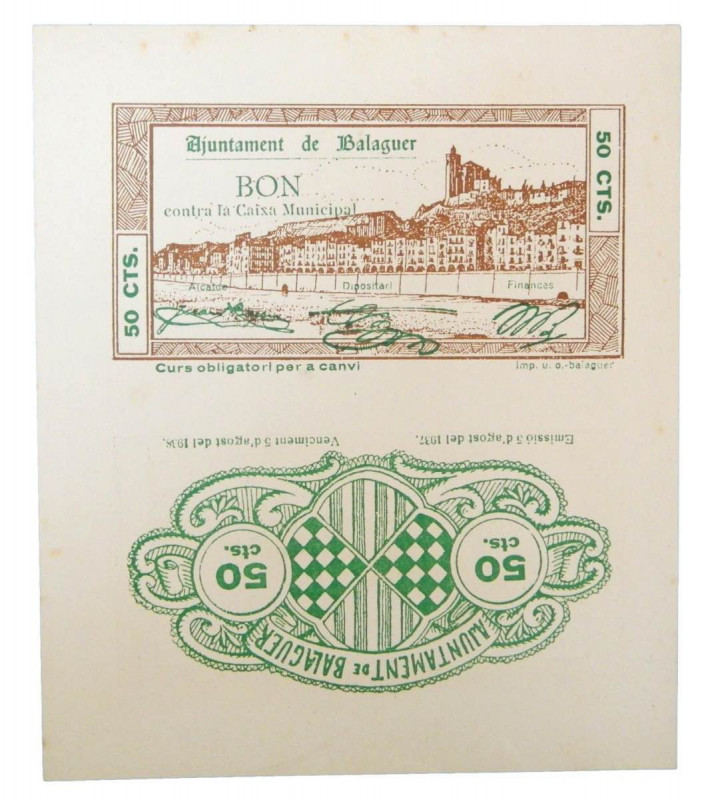 Catalunya. Ajuntament de Balaguer. 50 cèntims. 5 agost 1937. AT-276b. Cartulina....