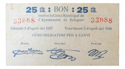 Catalunya. Ajuntament de Balaguer. 25 cèntims. 5 agost del 1937. AT-277.
MBC+