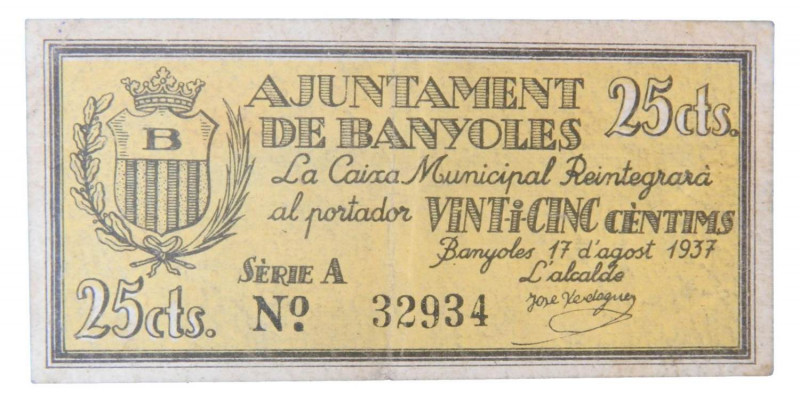 Catalunya. Ajuntament de Banyoles. 25 cèntims. 17 agost 1937. AT-291. 
MBC+