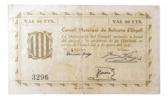 Catalunya. Consell Municipipal de Bellcaire d´Urgell. 50 cèntims. 4 gener 1937. AT-369. Algo sucio. Pequeñas roturas. Escaso. 
MBC-