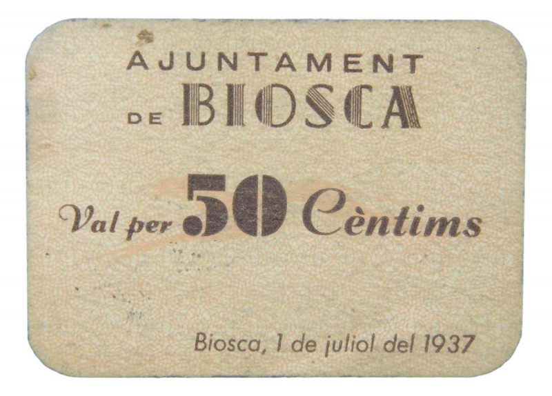 Catalunya. Ajuntament de Biosca. 50 céntims. 1 juliol 1937. AT-442. Cartón. Leví...