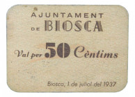 Catalunya. Ajuntament de Biosca. 50 céntims. 1 juliol 1937. AT-442. Cartón. Levísimas manchitas. Escaso. 
EBC