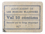 Catalunya. Ajuntament de Les Borges Blanques. 50 cèntims. AT-493. Cartón. Escaso. 
MBC