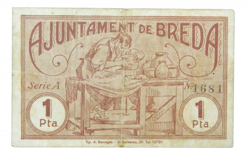 Catalunya. Ajuntament de Breda. 1 pesseta. 11 maig 1937. AT-533. Leves manchitas...
