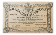 Catalunya. Ajunament de Cardona. 0,50 pessetes. 13 maig 1937. AT-673. Escaso. Serie A. 
MBC+