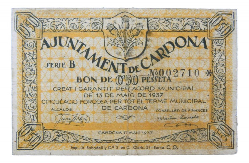 Catalunya. Ajuntament de Cardona. 0,50 pesseta. 13 maig 1937. AT-675. Escaso. Se...