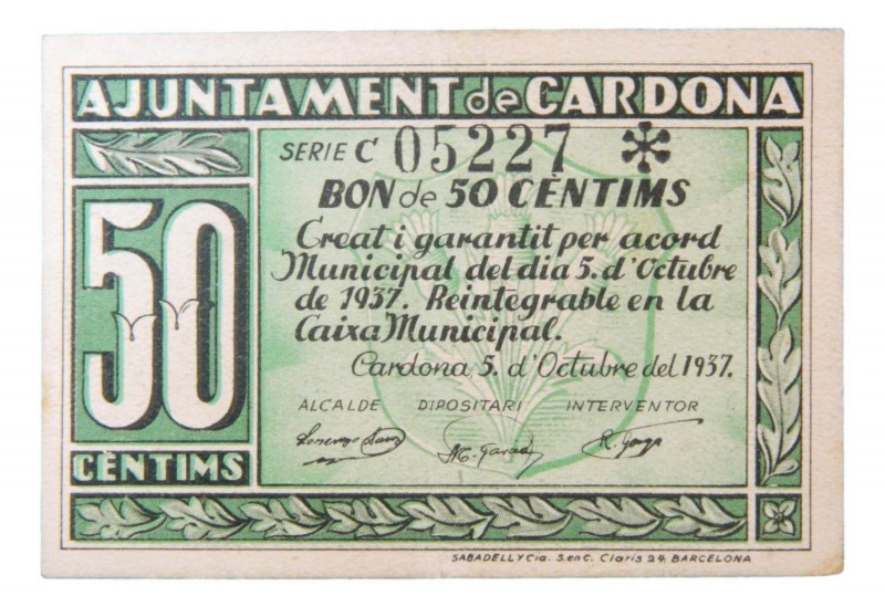 Catalunya. Ajunatment de Cardona. 50 cèntims. 5 octubre 1937. AT-677. 
EBC+