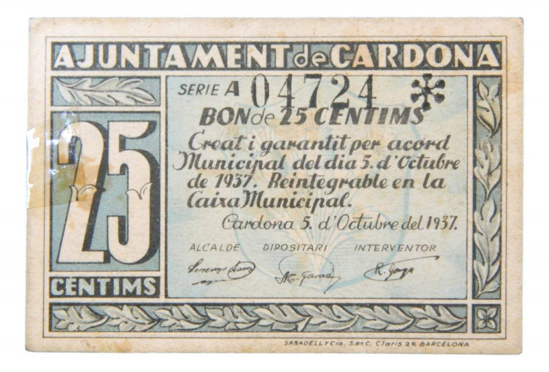 Catalunya. Ajuntament de Cardona. 25 cèntims. 5 octubre 1937. AT-678.
MBC+