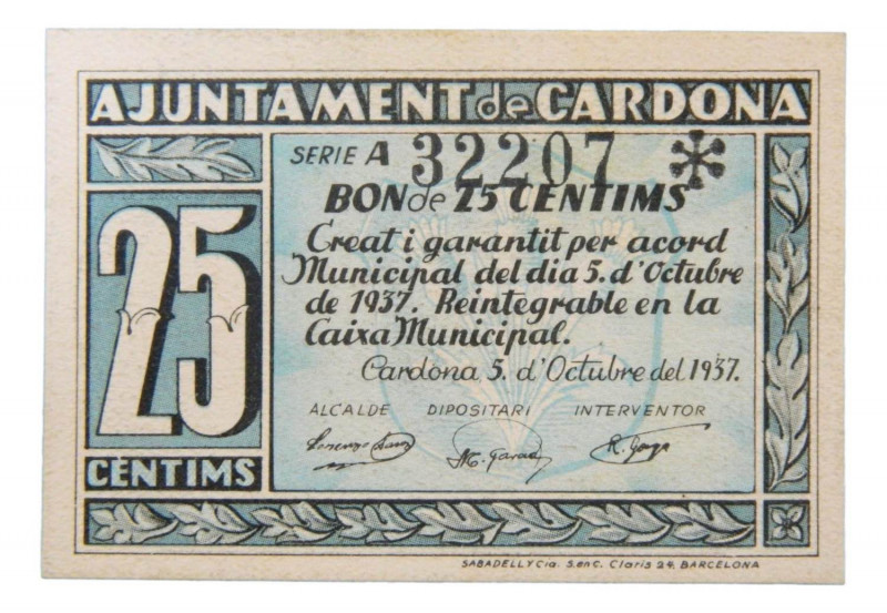 Catalunya. Ajuntament de Cardona. 25 cèntims. 5 octubre 1937. AT-678. 
SC-