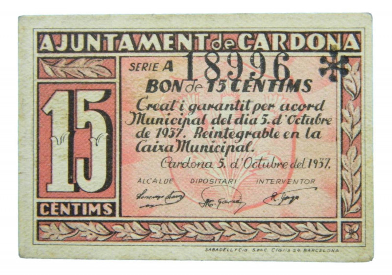 Catalunya. Ajunament de Cardona. 15 cèntims. 5 octubre. 1937. AT-679. 
EBC