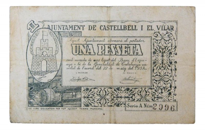 Catalunya. Ajuntament de Castellbell i el Vilar. 1 pesseta. 22 maig 1937. AT-695...