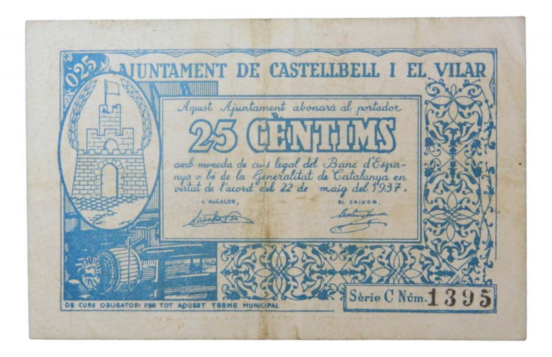 Catalunya. Ajuntament de Castellbell i el Vilar. 25 cèntims. 22 maig 1937. AT-69...