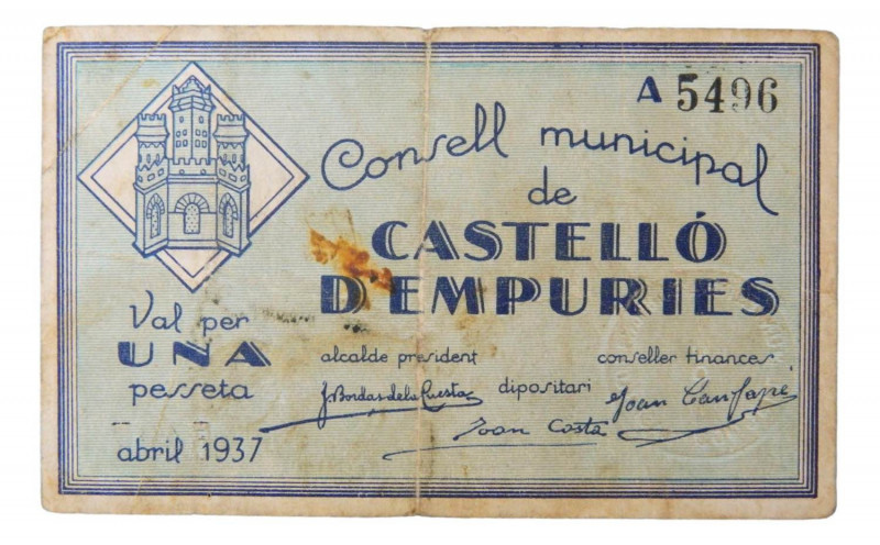 Catalunya. Consell municipal de Castelló d´empuries. 1 pesseta. Abril 1937. AT-7...