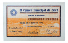 Catalunya. El Consell Municipal de Celrà. 50 cèntims. 14 juny 1937. AT-801a. 
SC