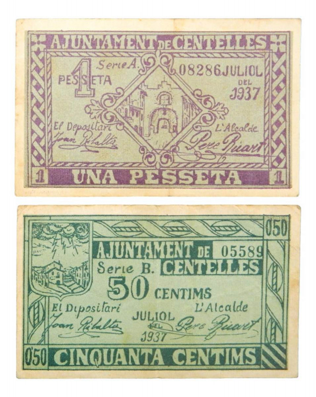 Catalunya. Ajuntament de Centelles. 1 pesseta y 50 cèntims. Juliol 1937. AT-804 ...