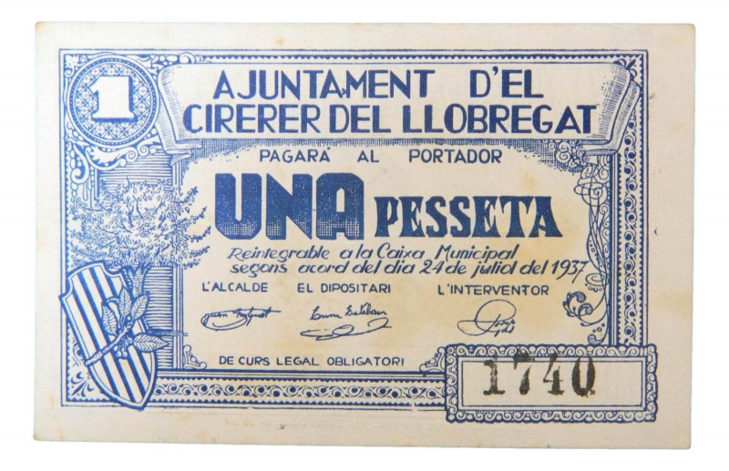 Catalunya. Ajuntament d´el Cirerer del Llobregat. 1 pesseta. 24 Juliol 1937. AT-...