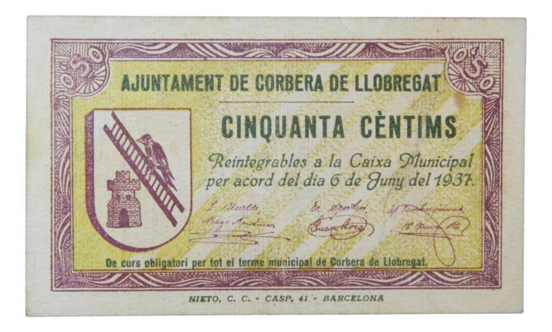 Catalunya. Ajuntament de Corbera de Llobregat. 50 cèntims. 6 juny 1937. AT-872. ...