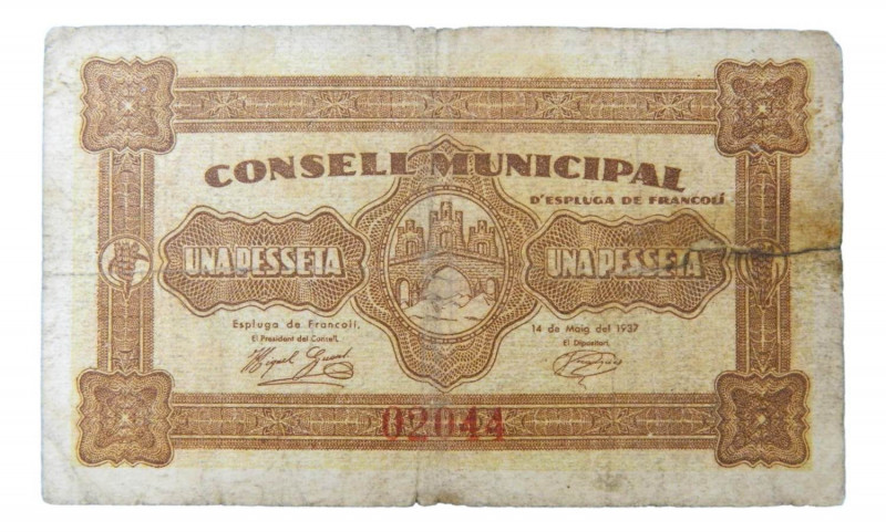 Catalunya. Consell Municipal d´Espluga de Francolí. 1 pesseta. 14 maig 1937. AT-...
