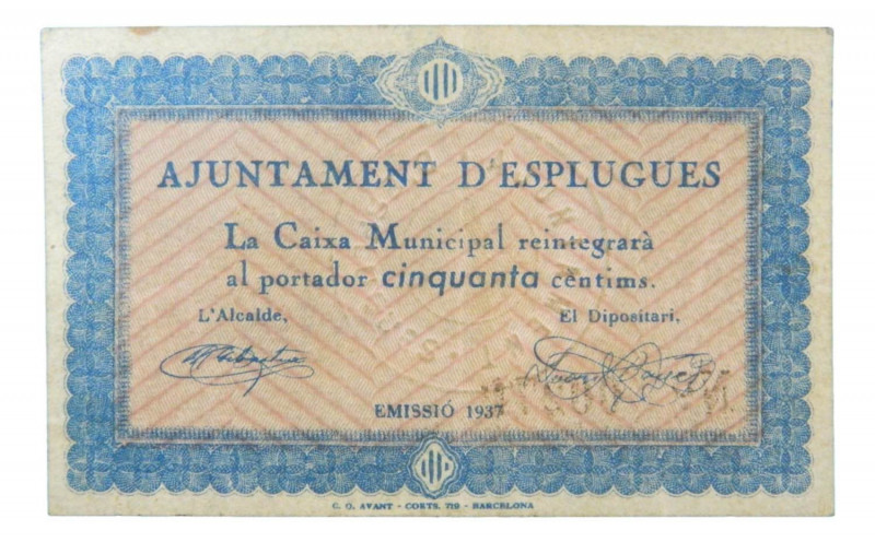 Catalunya. Ajuntament d´Esplugues. 50 cèntims. 1937. AT-959a. 
EBC