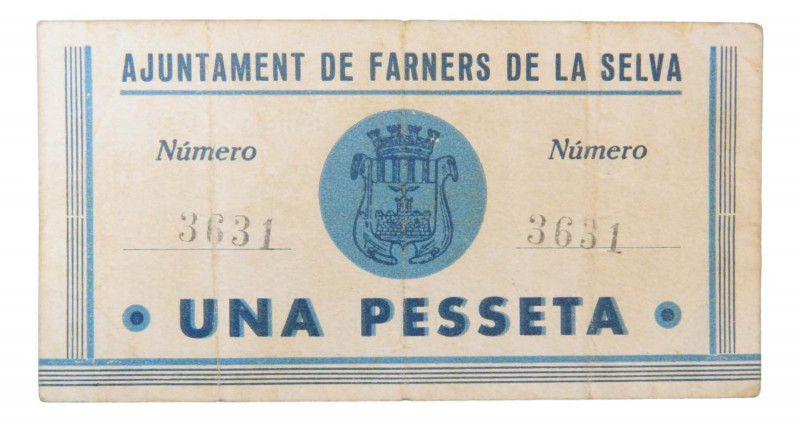 Catalunya. Ajuntament de Farners de la Selva. 1 pesseta. 13 maig 1937. AT-991. E...